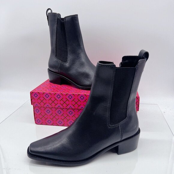 Tory Burch Medallion-Plaque 35mm Chelsea Ankle Boots Black Leather Pull On US 6 - Picture 1 of 13